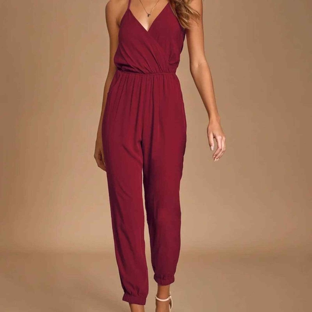 Lulus Learning to Fly Burgundy Halter Jumpsuit lightweight Pocketed Size S NEW